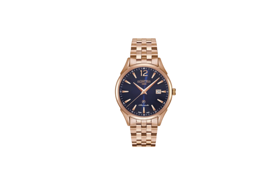 Roamer 550660 49 45 50 – zegarek męski. Granatowa tarcza i bransoleta w kolorze różowego złota